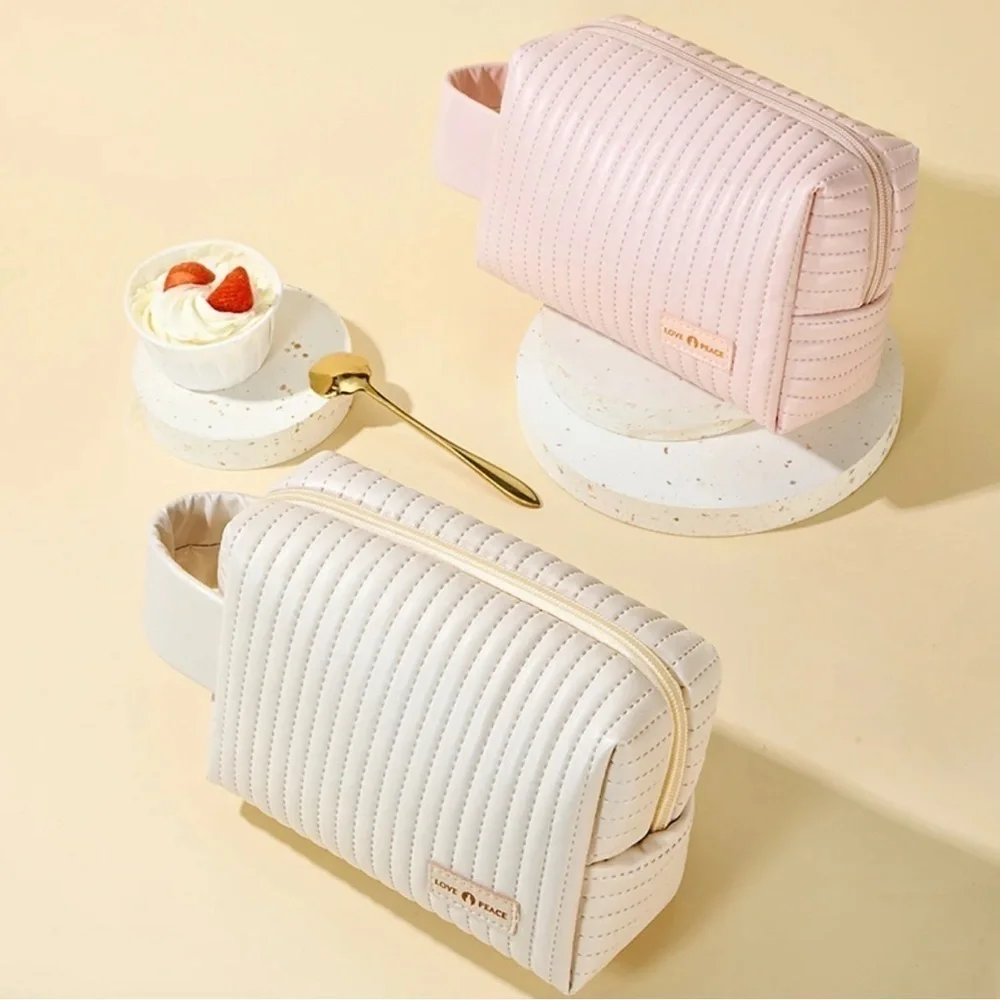 Large beige beauty cosmetics travel bag with strap PU